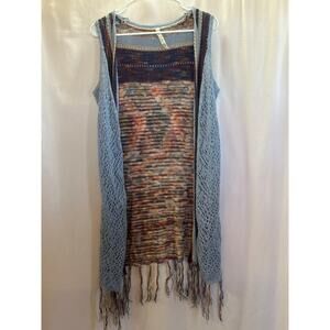NY Collection Petite Multicolor Knit Fringe Vest | Boho Sleeveless Cardigan